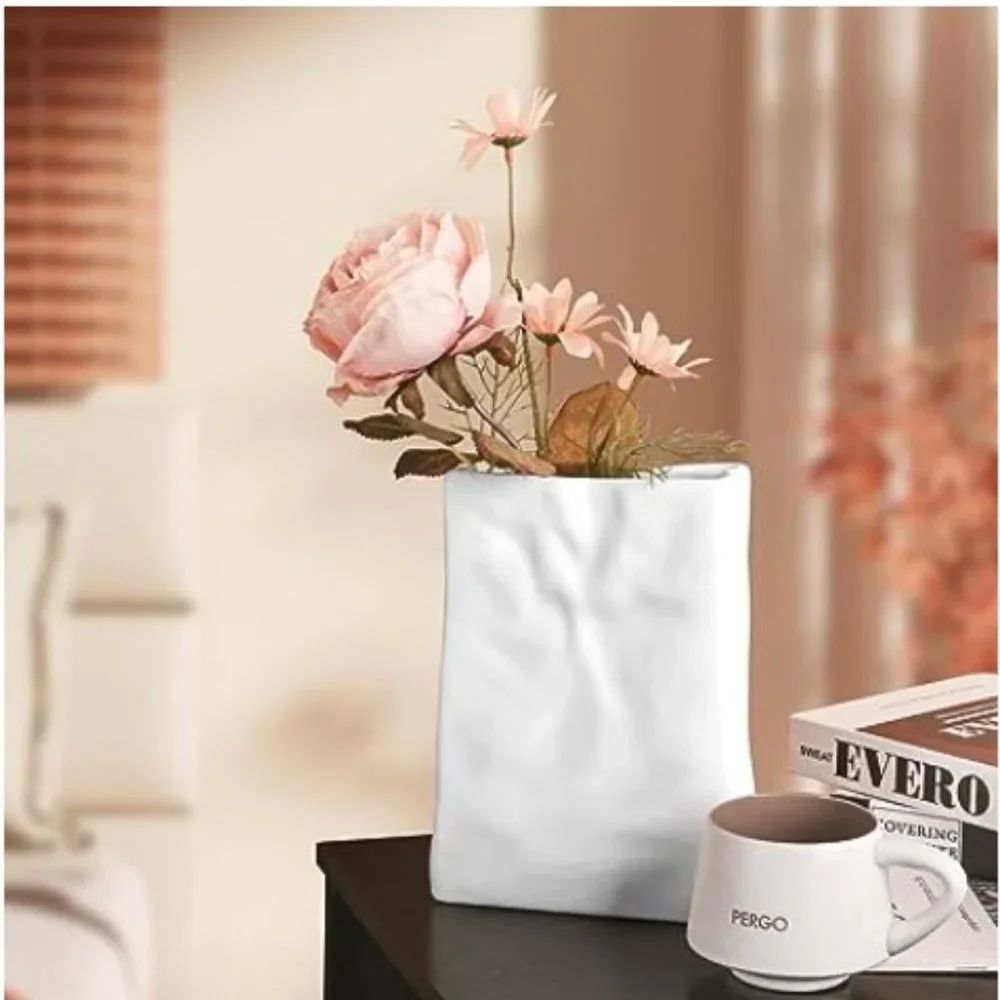 Crinkle Paper-Bag Shaped Ceramic Vase  (Matte White)